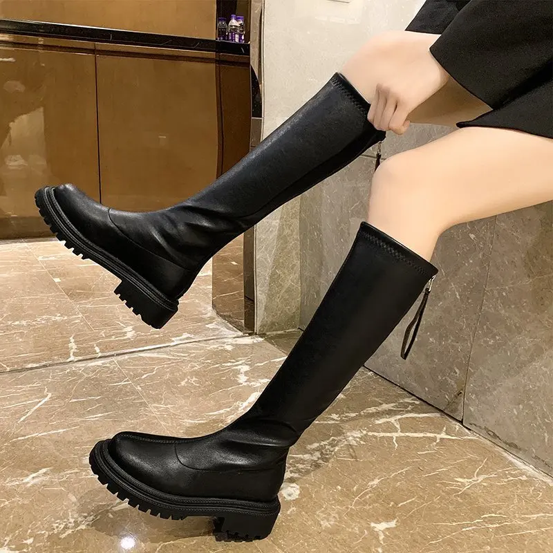 Women Platform Boots 2022 Spring Gothic Shoes Long Boots Women Fashion Black Beige Mid Calf Boots Round Toe Slip on Riding Boots