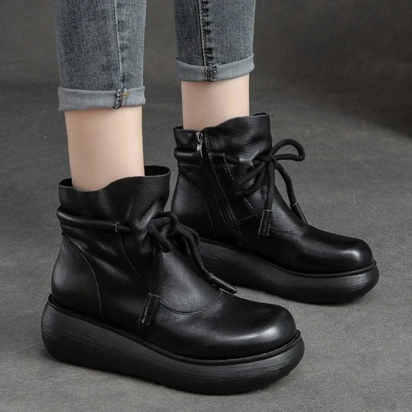 

2025 Women Boots New Winter Genuine Leather Handmade Round Toe Zip Sewing Wedge Shoes Ankle Platform Boots