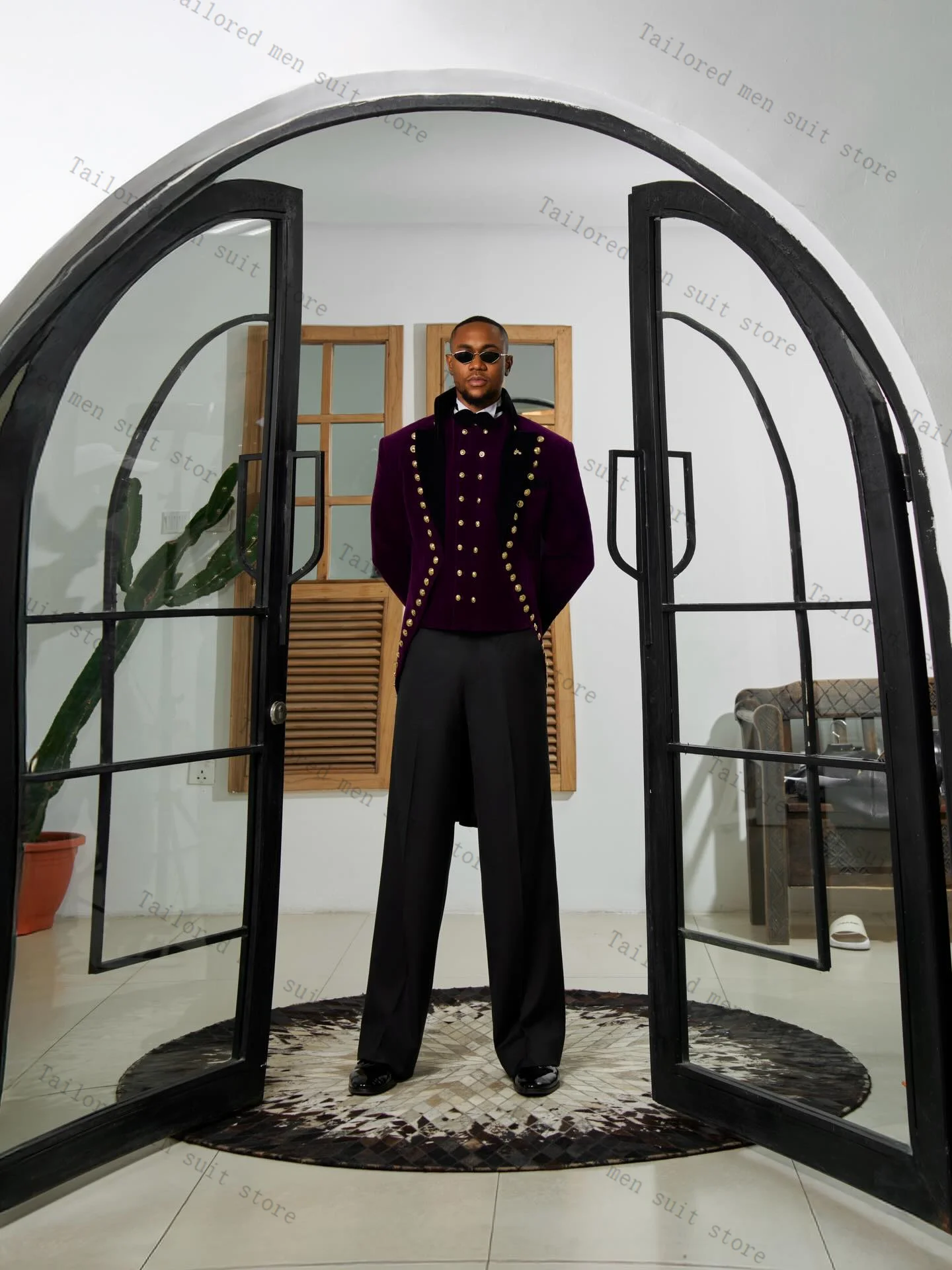 Purple Men Suits Pants Set 2 Pcs Hi-Lo Blazer+Trousers Golden Buttons Wedding Tuxedos Prom Jacket Formal Office Business Coat