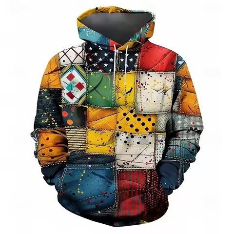 Retro Plaid Print Patchwork Hoodie Men's Clothing Hot Style Long Sleeve Pullover Top 2025 Spring Trend Streetwear Men Hoodies