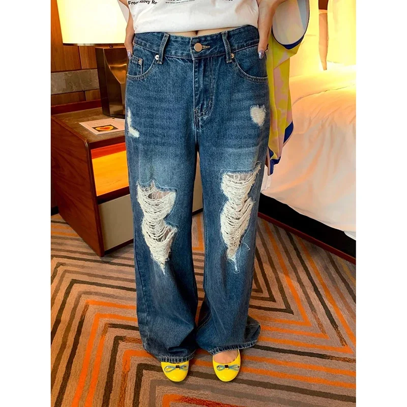 

Women Vintage Light Blue Y2k Baggy Ripped Jeans Harajuku 90s Oversize Denim Trousers Streetwear 2000s American Retro Pants