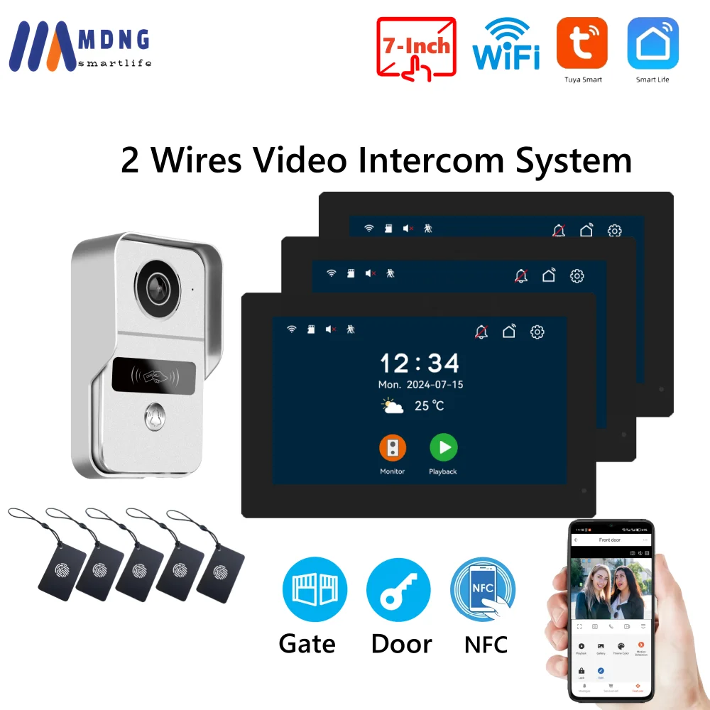 1080P Tuya Smart Home Video Intercom 2 Wires 7 Inch Apartment Video Doorphone Wireless WIFI Doorbell Camera 5-in-1 Unlock System