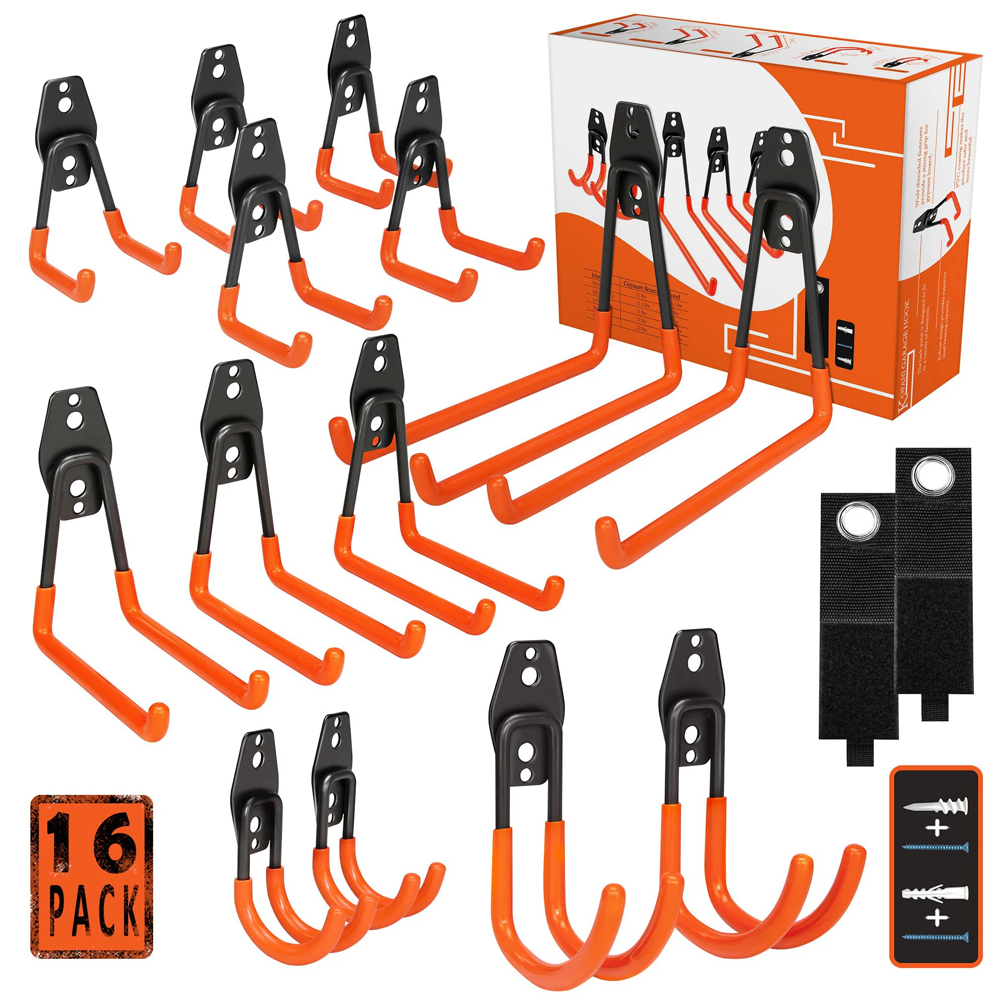 

16 Pack Heavy Duty Garage Storage Hooks Wall Mount Utility Organizer Anti-Slip Coating for Ladders Bikes Garden Tools