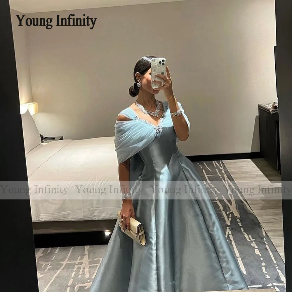 New V Neck Prom Dress 2024 Off Shoulder Blue Ankle Length Sleeveless Burgundy Long Evening Party Gown Holiday Saudi Arabia Woman