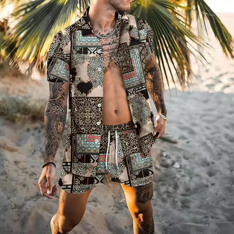 Summer Exquisite Men's Shirt Set Coconut Print Short Sleeve Top Leopard Print Shorts 2 Piece Hawaii Beach Men's Fashion Clothing