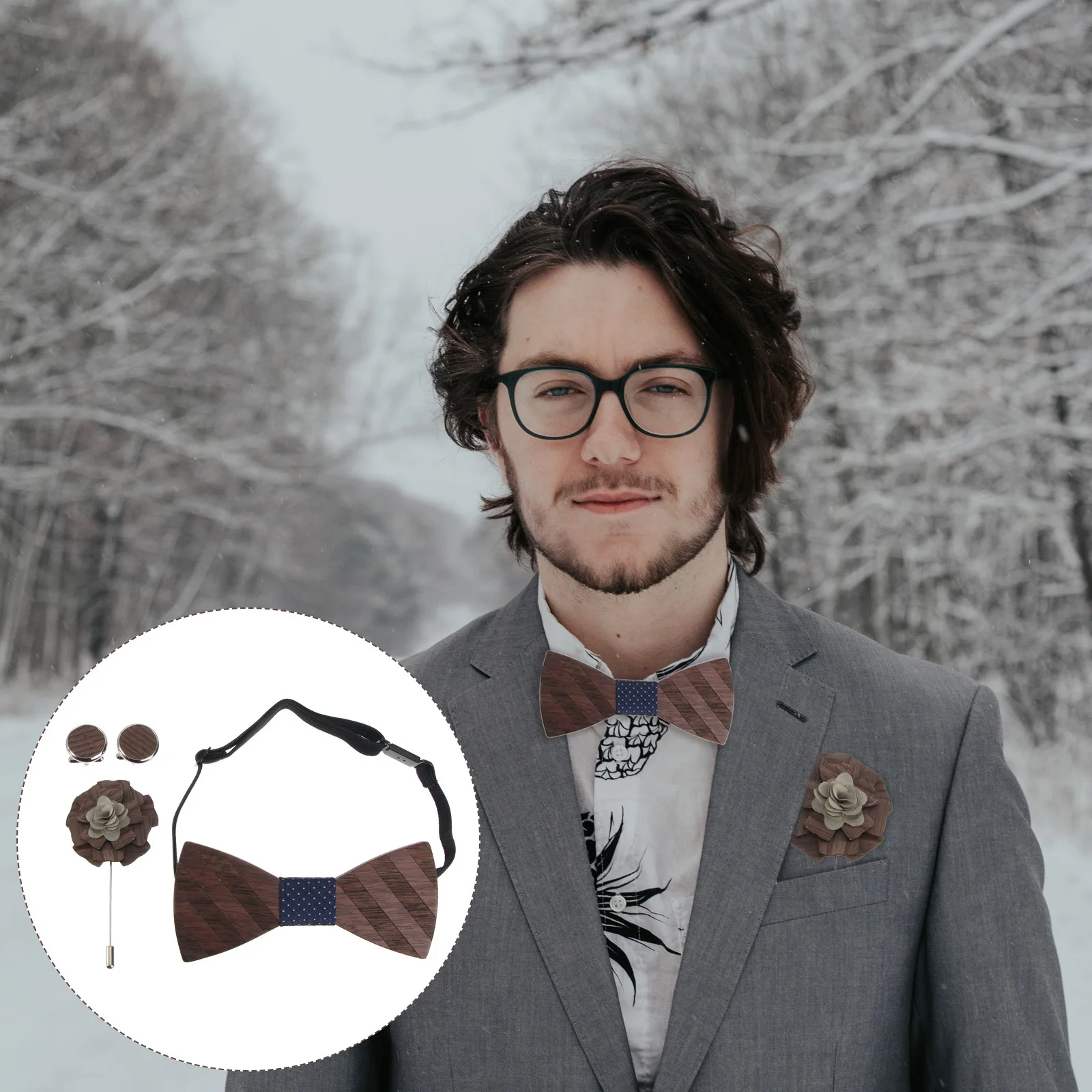 

1Set Men Wooden Bow Tie Set Classic Durable Clothing Accessories Cuff-Link Brooch Square Scarf Wedding Banquet