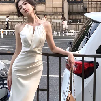 여성용 슬림 섹시 민소매 스트랩 랩스커트 원피스, 화이트 미디 원피스, 시크한 오피스 레이디, 이브닝 파티, 한국 원피스 원피스, 2024 여름 