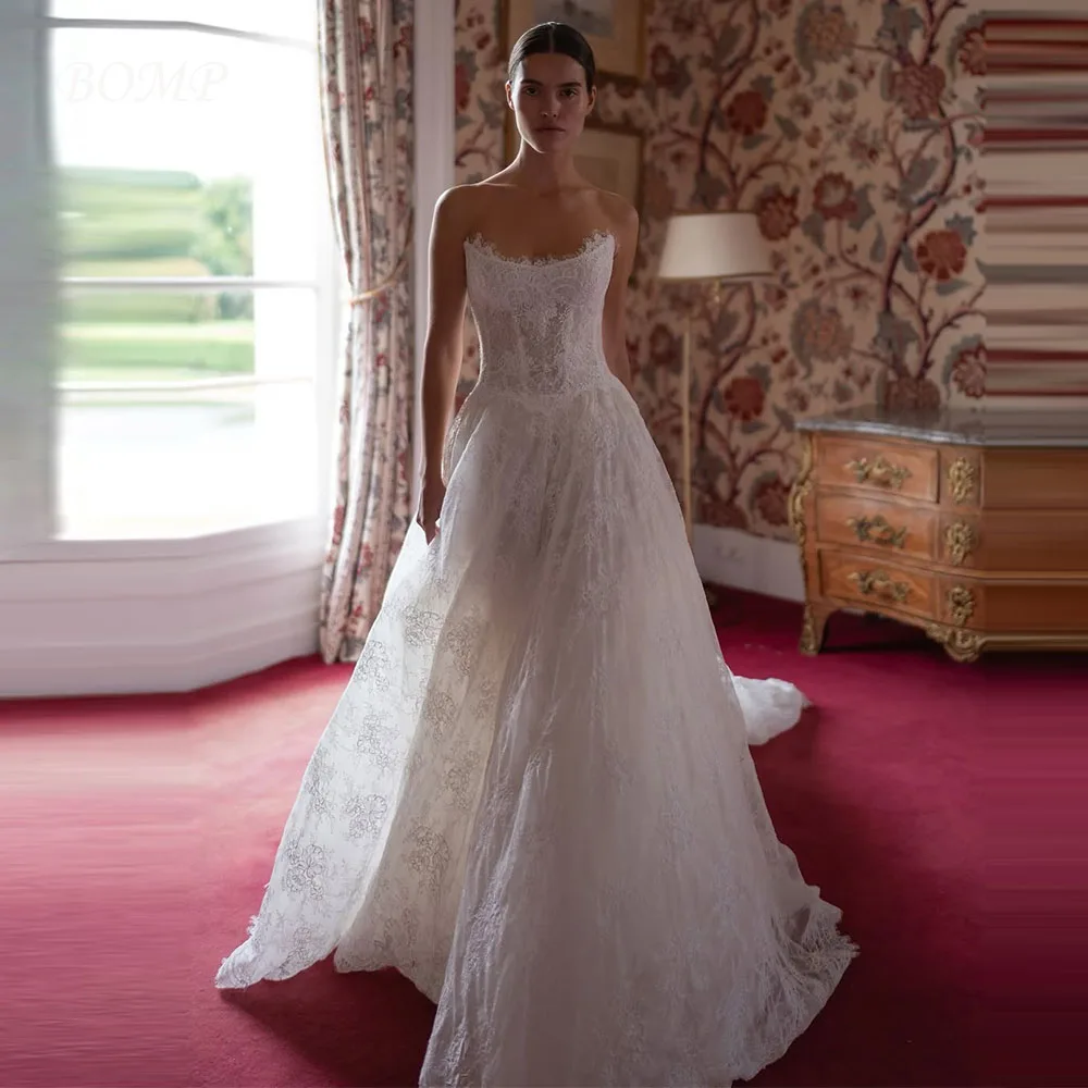 BOMP فساتين زفاف عتيقة من الدانتيل العاجي على شكل حرف a على شكل قلب بدون أكمام سويب تراين فساتين العروس رشيقة Mariage مخصصة 2026 #1
