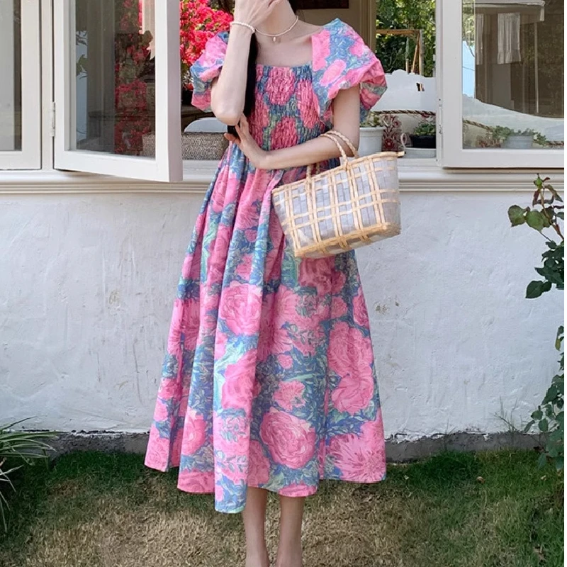 Plus Size Blumendruck Sommer Dr Damen Midirock Urlaub Sle Schlankmachendes langes Dr Ort Sve Princ-Kleid mit hoher Taille