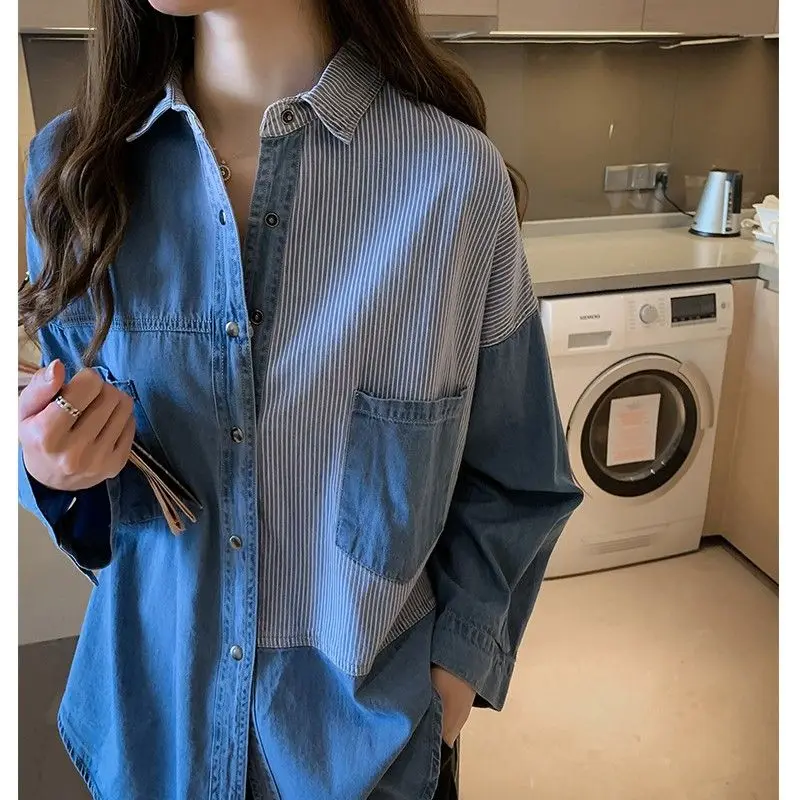 Korean Spring Autumn Female Clothing Striped Printed Denim Shirt Fashion Turn-down Collar Button Pockets Long Sleeve Mid Blouses