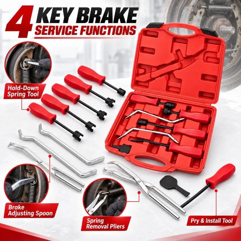 8Pcs Drum Brake Tool Kit Brake Spring Pliers Adjusting Spoon Hold Down Spring Remover Installer Automotive Repair Set with Case
