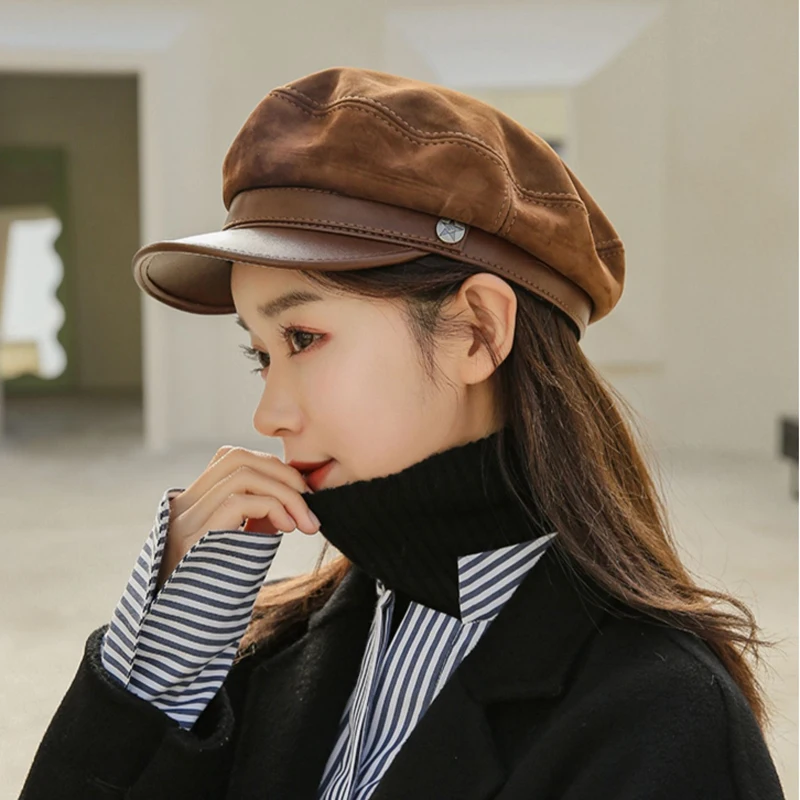 New Women Spring/Winter High Street Genuine Leather Flat Military Hats Leisure Time 55-60 cm Customized Size Outdoor Snapback