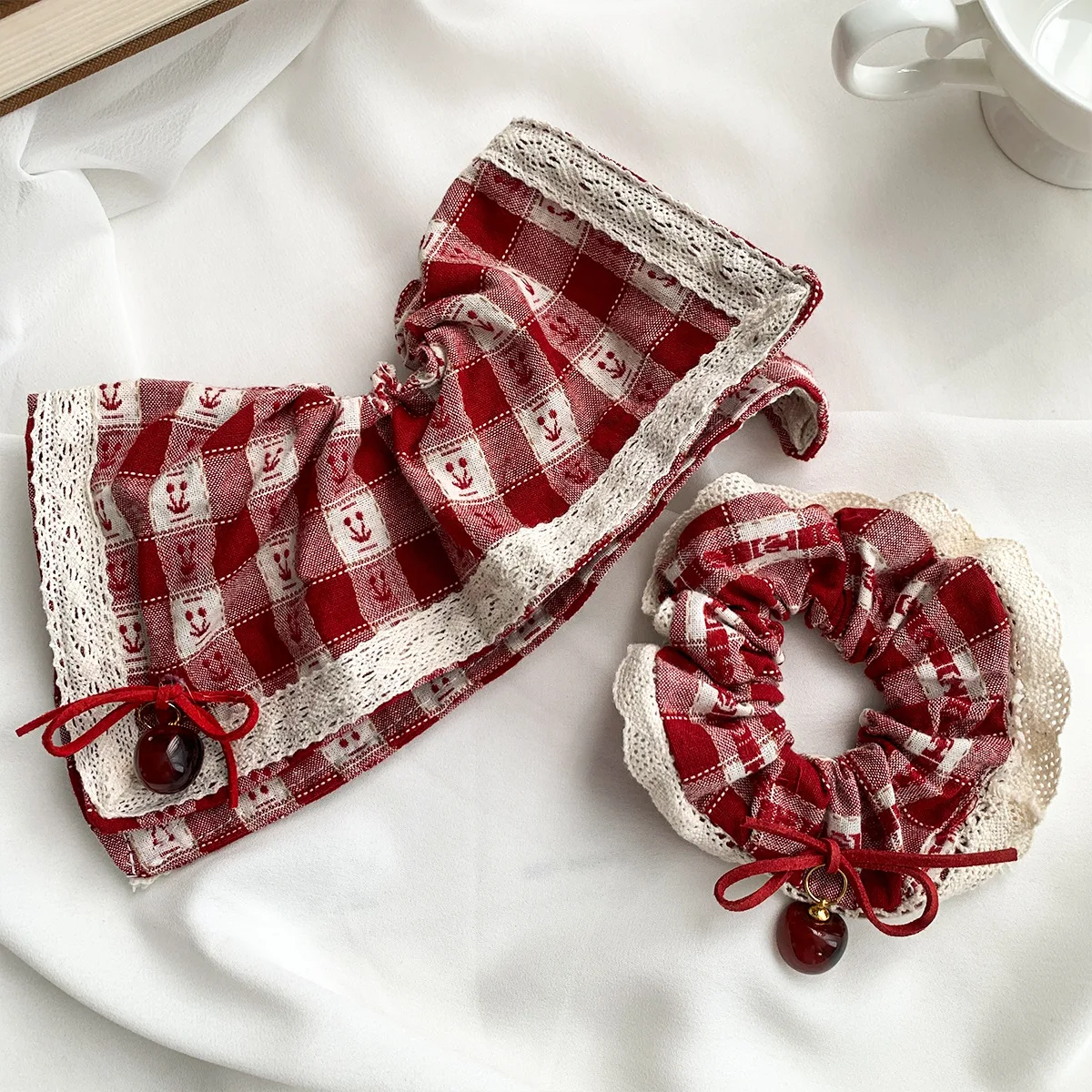 Women\'s Scrunchies Sweet Style Red Check Cherry Scrunchie Lace Lace Cherry Square Scarf Hair Rope Hair Accessories Girls Gift