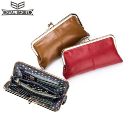 Royal Bagger Genuine Cow Leather Fashion Retro Clip Long Clutch Wallet for Women Simple Mouth Gold Storage Bag Phone Purse