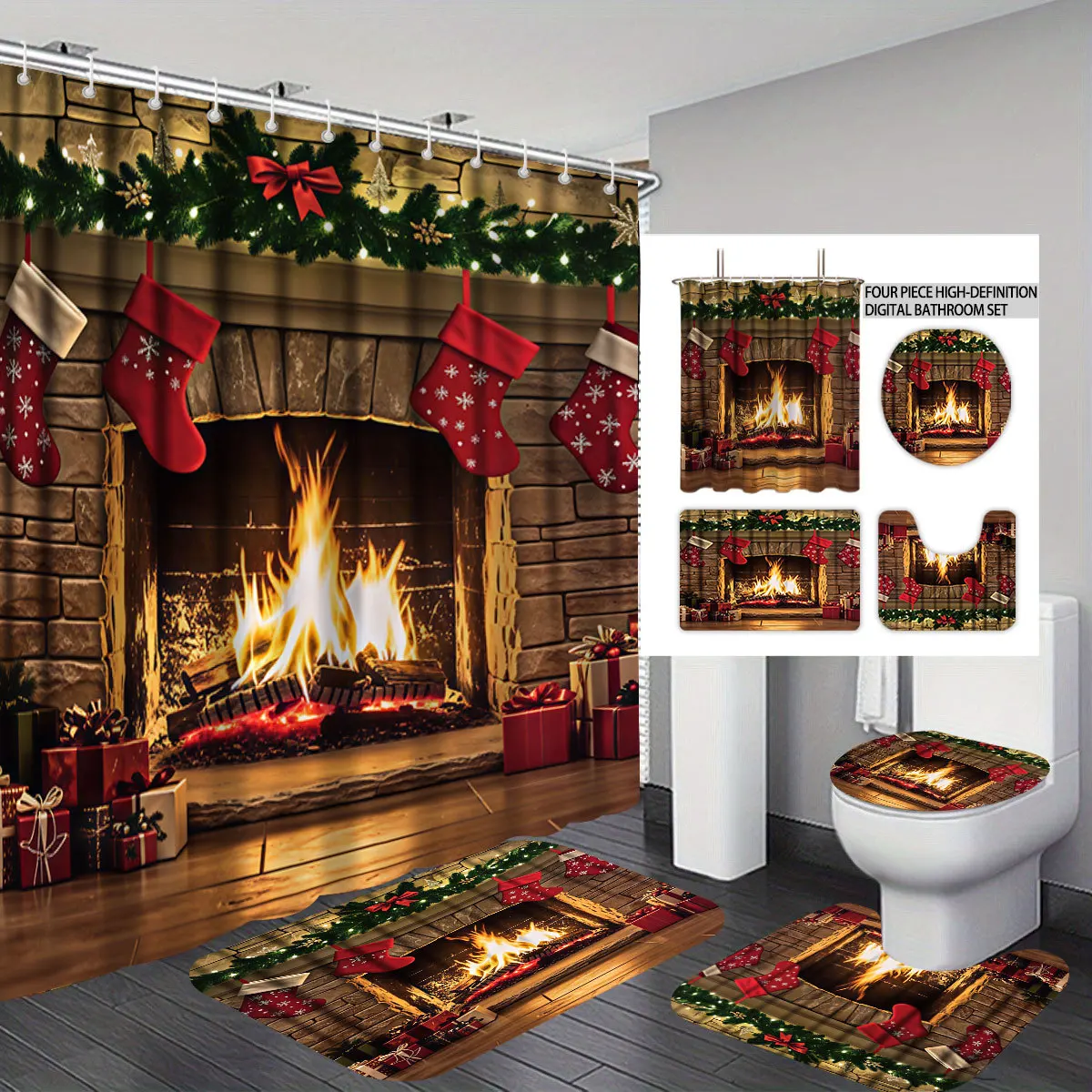 Christmas Polyester Shower Curtain, Waterproof Quick Drying, Fade Mold Resistant, Washable Bathroom Decor Curtain with 12 Hooks