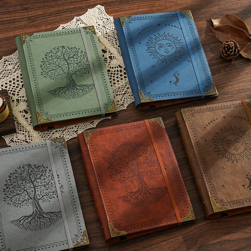 Diario de Cuero Recargable A5, Cuaderno con Diseño Retro de Árbol de la Vida y Sol, Diario Gótico de Bruja para Uso Diario