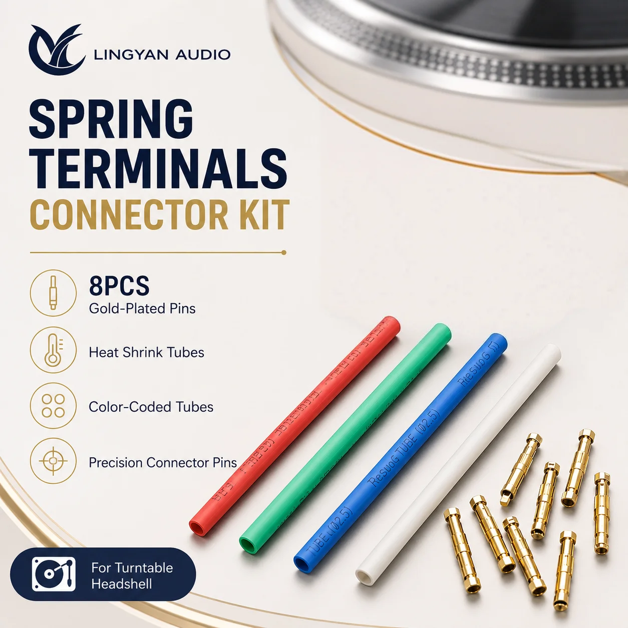 Color Heat Shrink Tubing Connector Set 8PCS Gold Plated Spring Terminals for Turntable Headshell Cartridge Wiring Upgrade