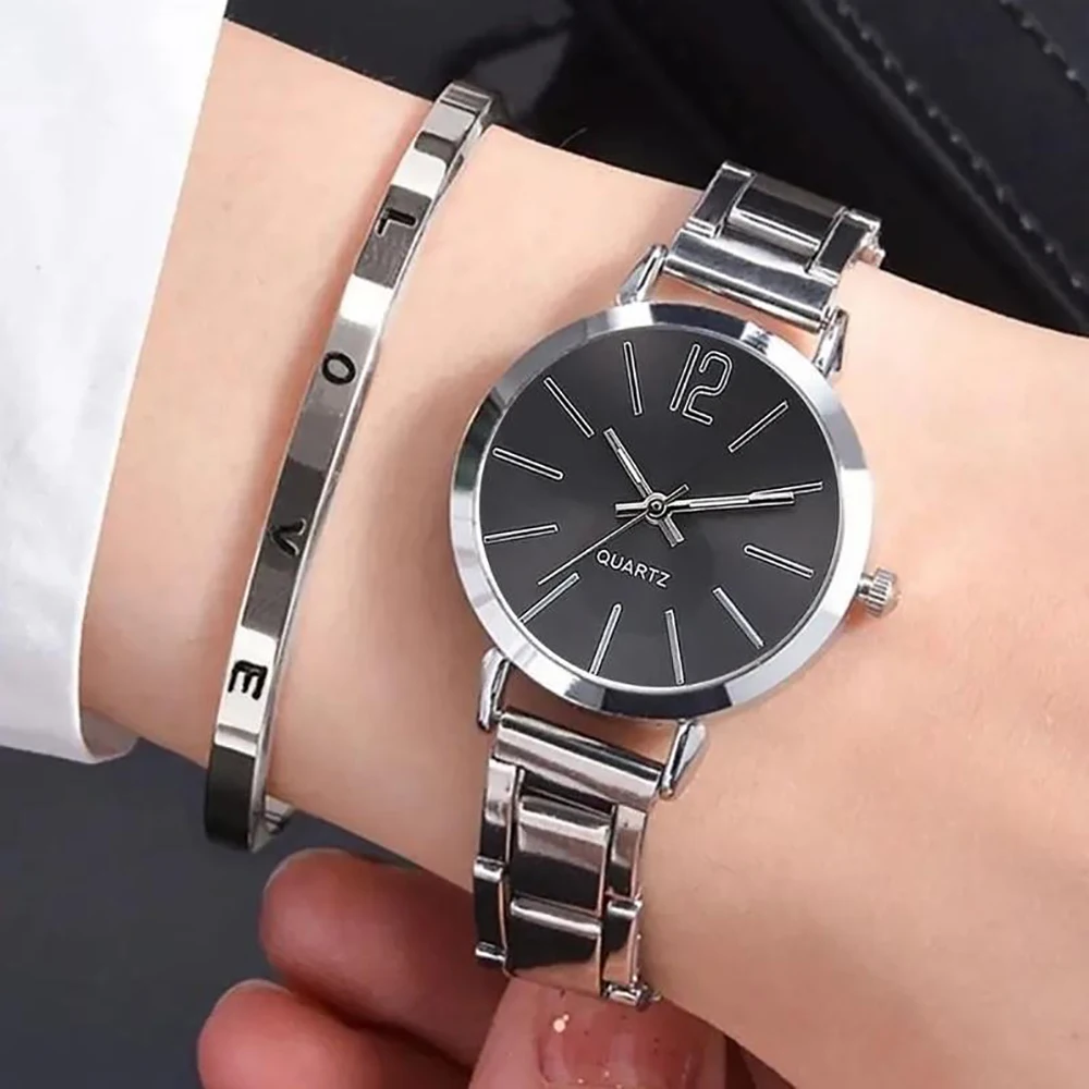 2 pcs Women\'s Watch Set FREE LOVE Bracelet Fashion Casual Alloy Quartz Watch