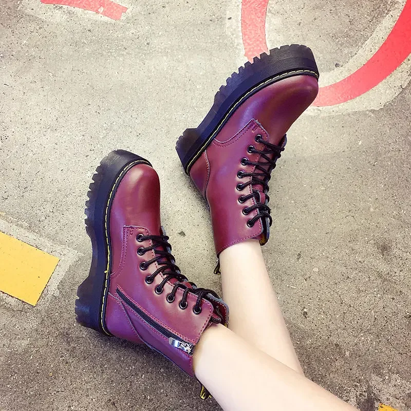 Winter Motorcycle Women\'s Boots Chunky Platform Ankle Boots Soft Leather Shoes Wedges Female Lace Up Platforms Women Mujer 2024