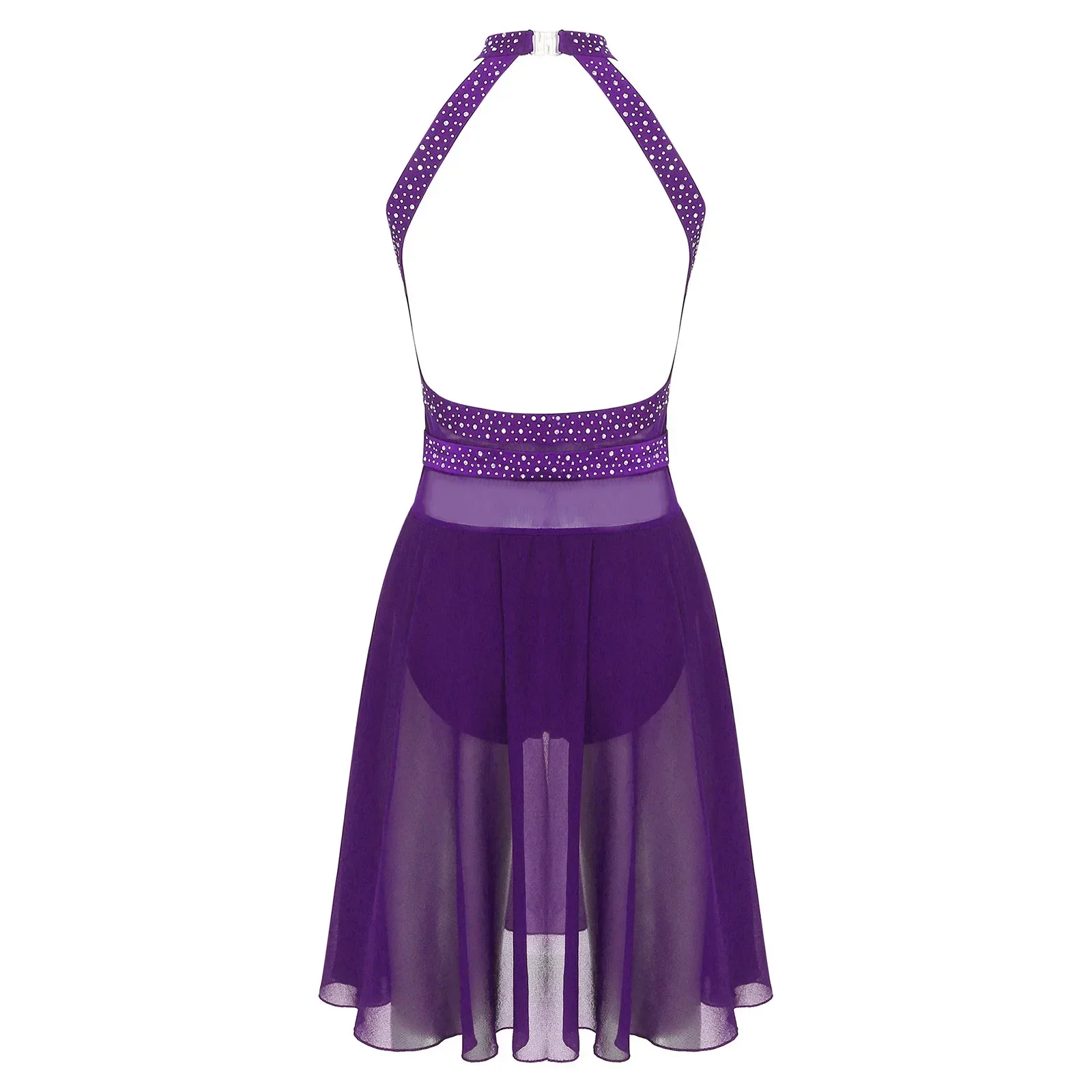 Damen glitzerndes Strass-Ballett-Lyrical-Tanzkleid, durchsichtiges Netz, rückenfrei, Trikot-Kleider, Gymnastik, Eiskunstlauf-Tanzkostüm