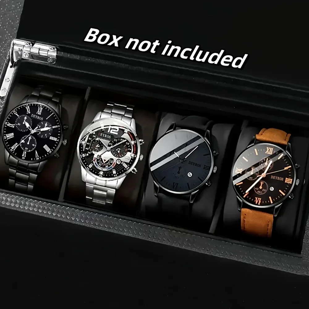 4-Piece Men's Fashion Watch Set, Quartz Sports Watch with Round Zinc Alloy Case, Faux Leather and Stainless Steel Straps