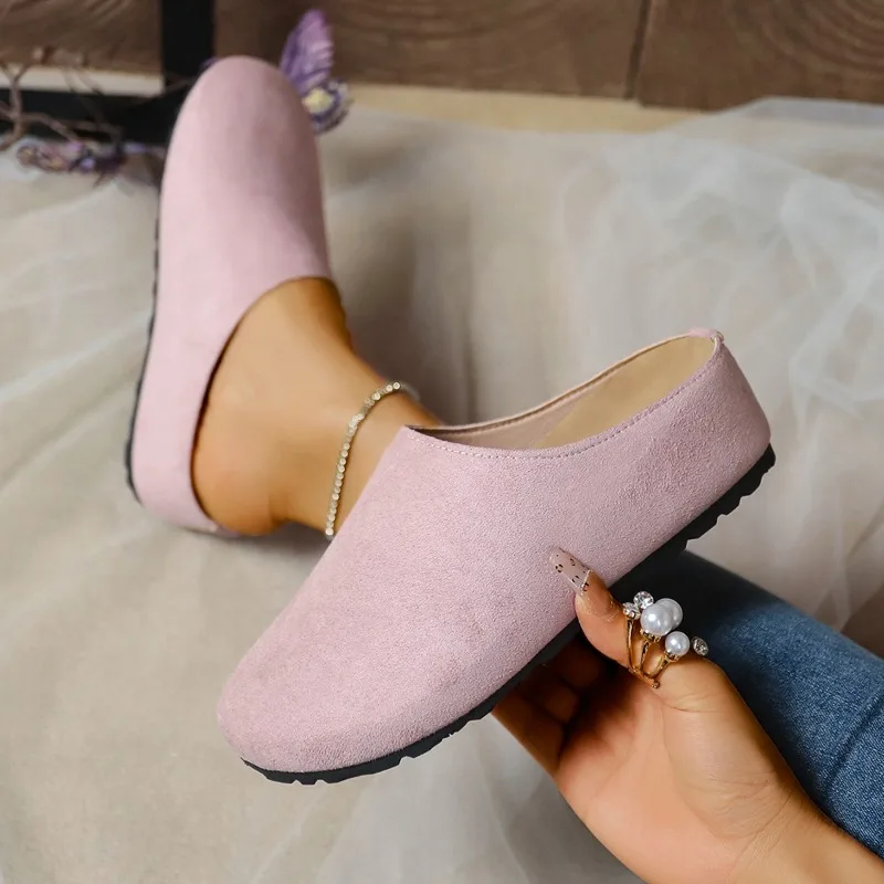 Chinelos femininos dedo do pé fechado dedo do pé redondo camurça tamancos mules primavera outono retro grosso sola inferior chinelos femininos zapatos de mujer