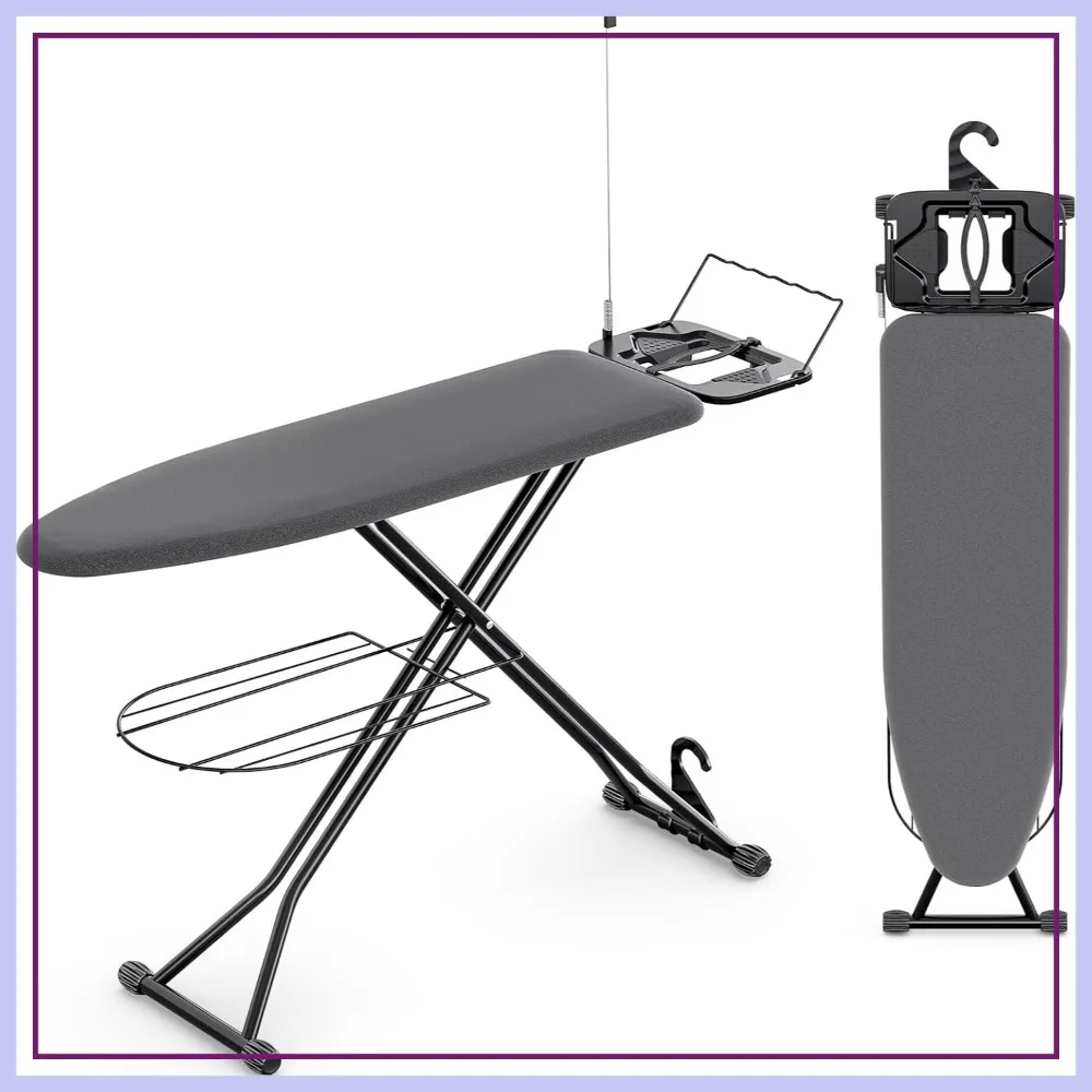 

Full Size Ironing Board with Extra Thick Cover, 7 Adjustable Heights, Hanger & Iron Rest, Large Storage Tray, 13x43 Black