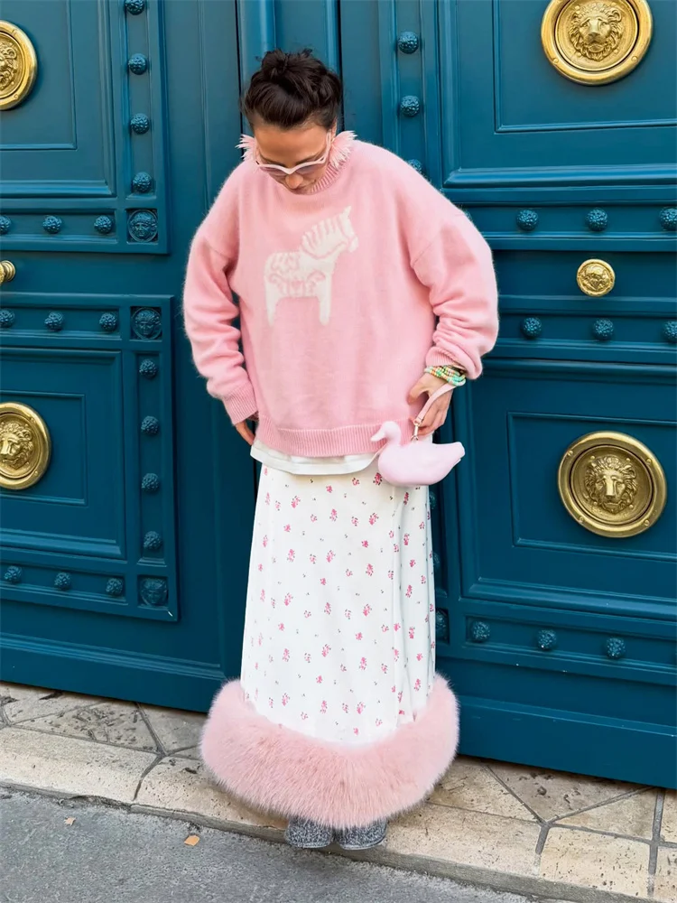 Tossy Vintage Floral Print Satin Midi Skirt Women Faux Fur Trim High Waist Y2K Pink Slip Long Skirts Elegant Streetwear 2026 New