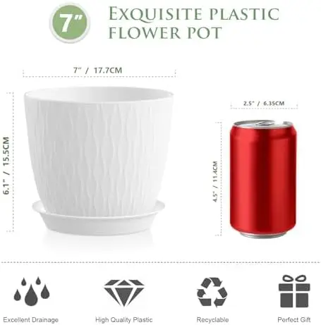 أوعية نباتات مقاس 7 بوصات، 5 عبوات مع فتحات وصحون تصريف، مزارعات بلاستيكية بيضاء للعصارة الداخلية #2