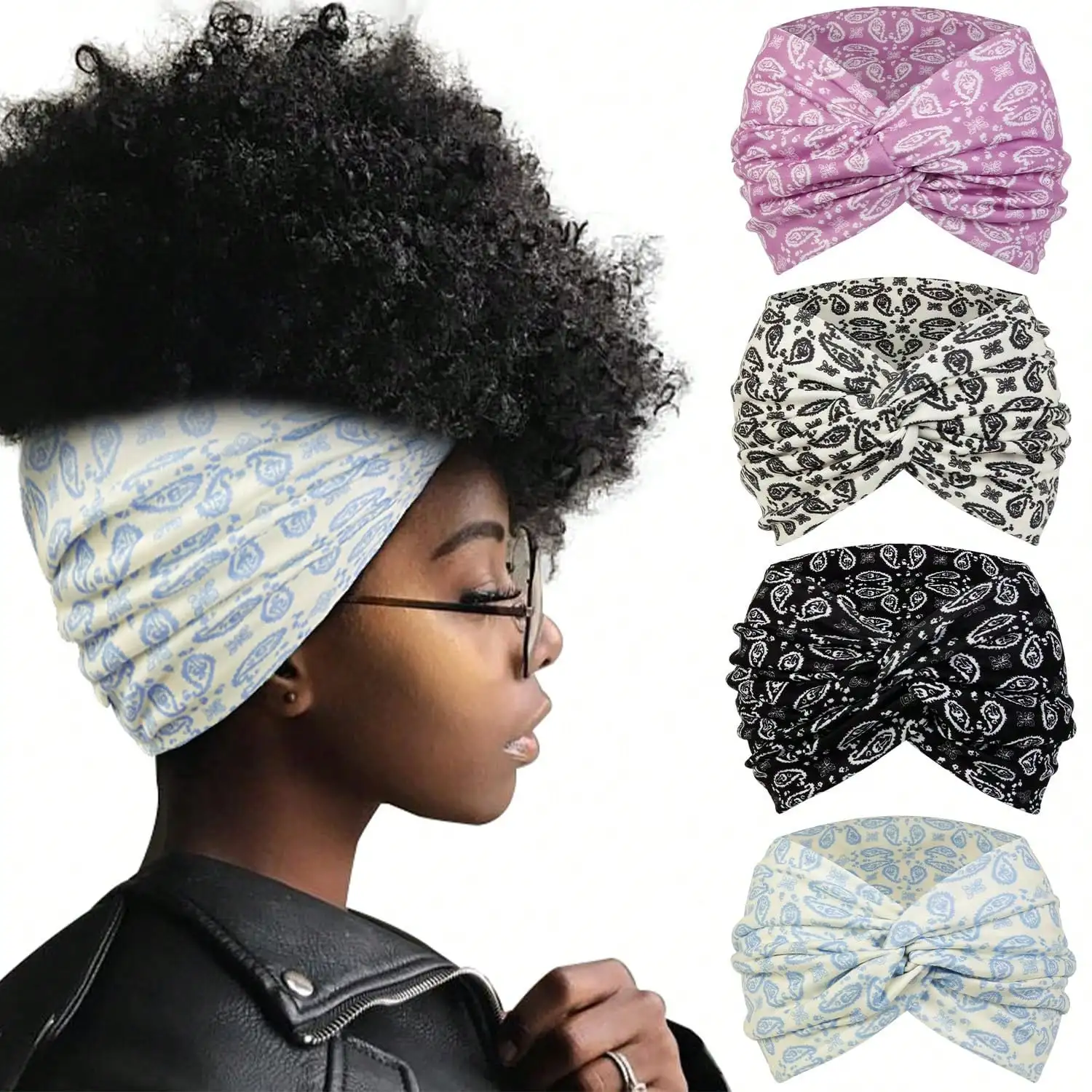 

Широкие повязки на голову в стиле бохо для женщин, 7 дюймов, 4 штуки в упаковке, с принтом пейсли, модные головные уборы