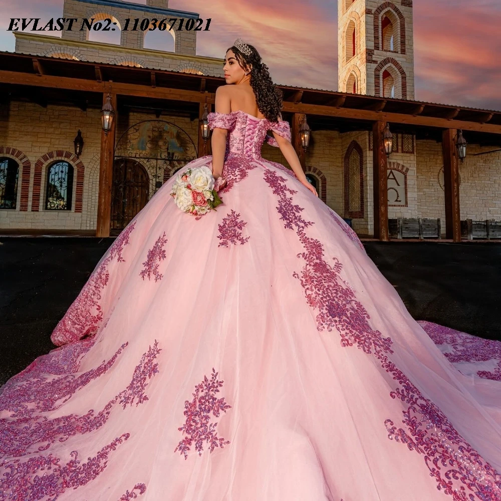 EVLAST Maßgeschneidertes rosa Quinceanera-Kleid, Ballkleid, glänzende Spitze, Perlenstickerei, Pailletten, Korsett, Sweet 16, Vestidos de 15 Anos E2Q09