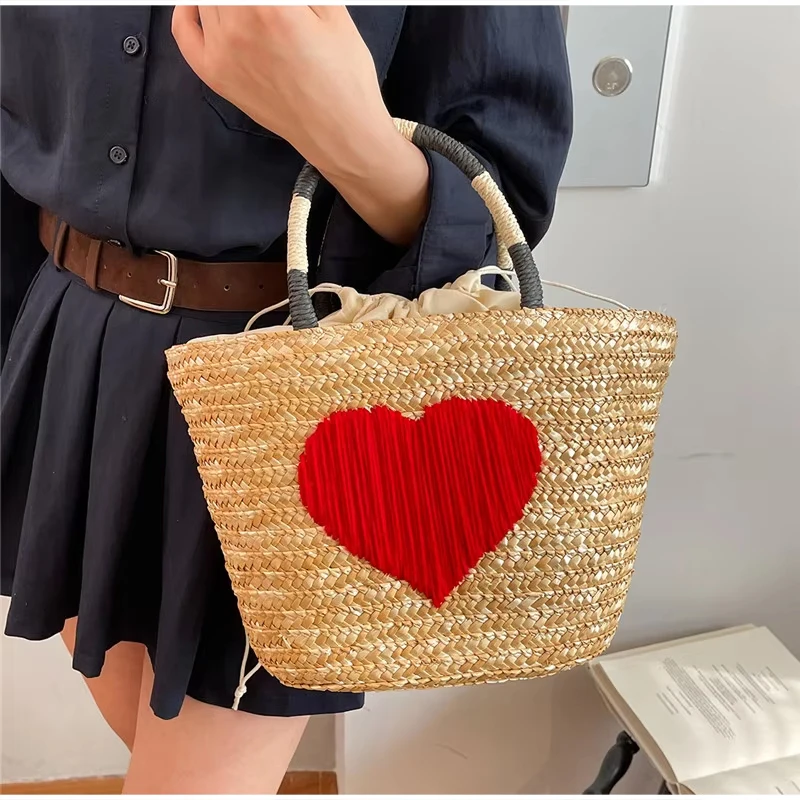 Kokosnuss-Stickerei Strohgewebte Strandtasche, Große Kirsch-Tragetasche, Damen Sommer Casual Urlaubstasche mit Schriftzug – Detail 16