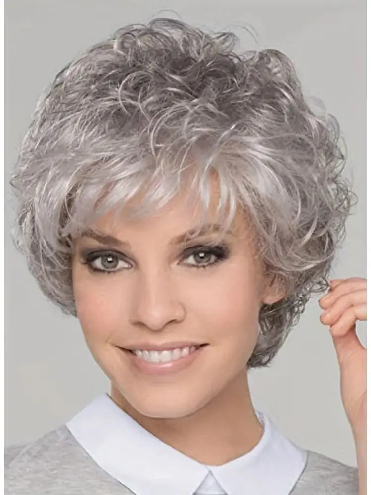 

10 Inch Short Curly Synthetic Silver Gray Wigs for Women Fluffy Heat Resistant Curly Hair Wigs Suitable for Daily Use
