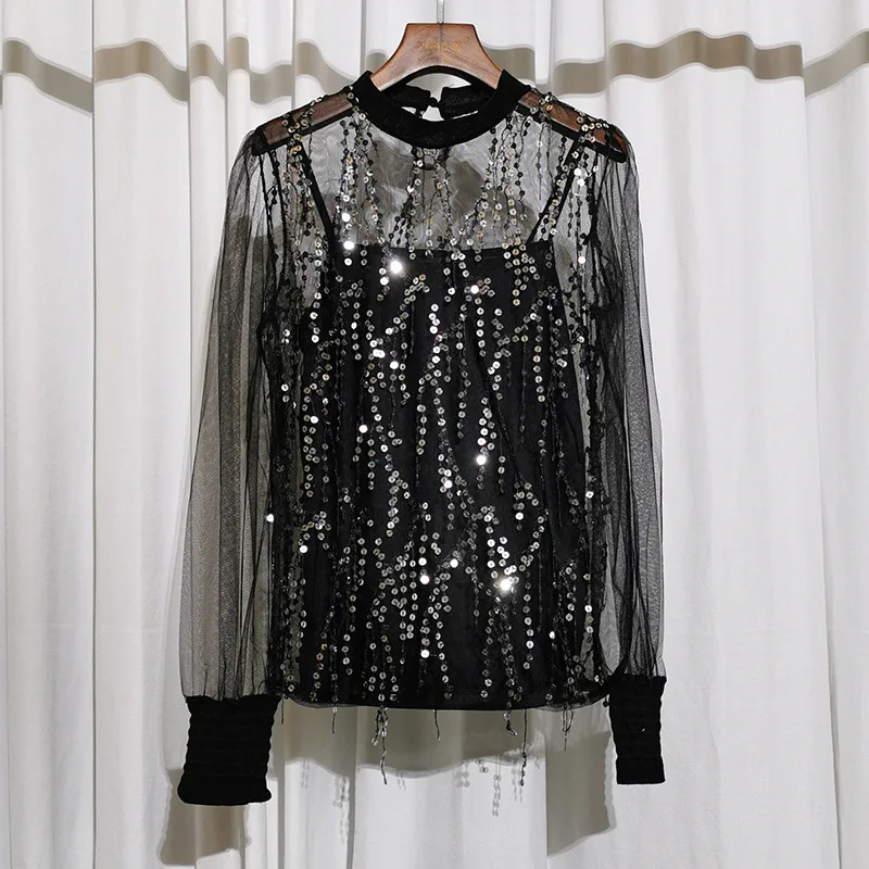 Glitter Sheer Mesh Sequin Top Women Short Long Sleeve Sexy Shirt See Through Clubwear Camisole Tee 2Pcs Sets Slim Blouse