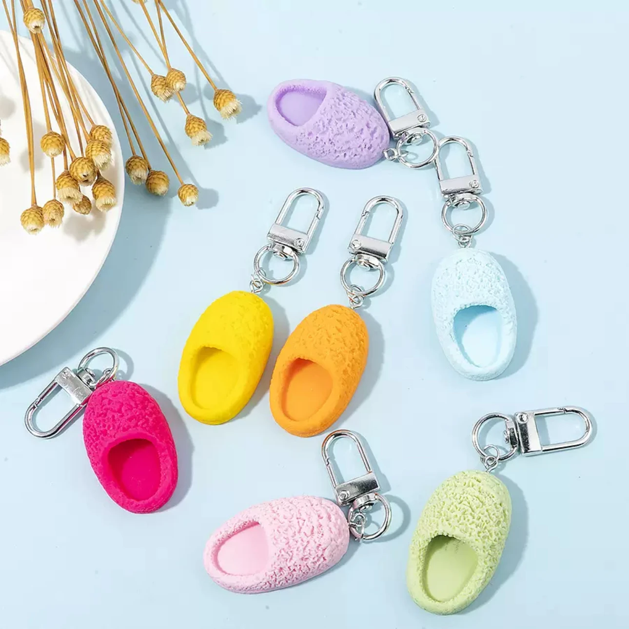 7PCS New Creative Simulation Mini Colorful Slippers Pendant, Dopamine Style Resin Flocked Shoes DIY Charm