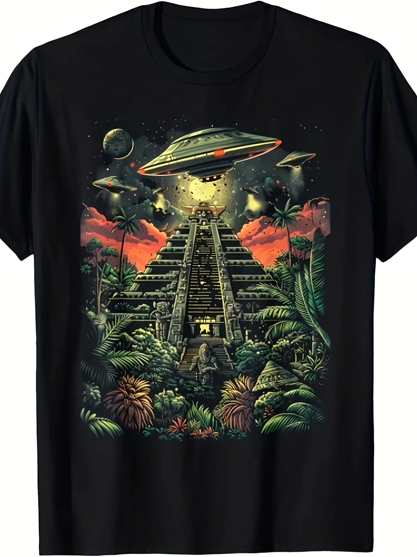Men'S Unisex'S Retro Alien Pyramid Tshirt Chichen Itza Mayan Temple Design Lightweight Breathable Crew Neck Tee Suitable for Summer Casual Vintage Shirt with South America Jungle Mayaretro Casual Short-Sleeved T-Shirt with a Round Neck And Print