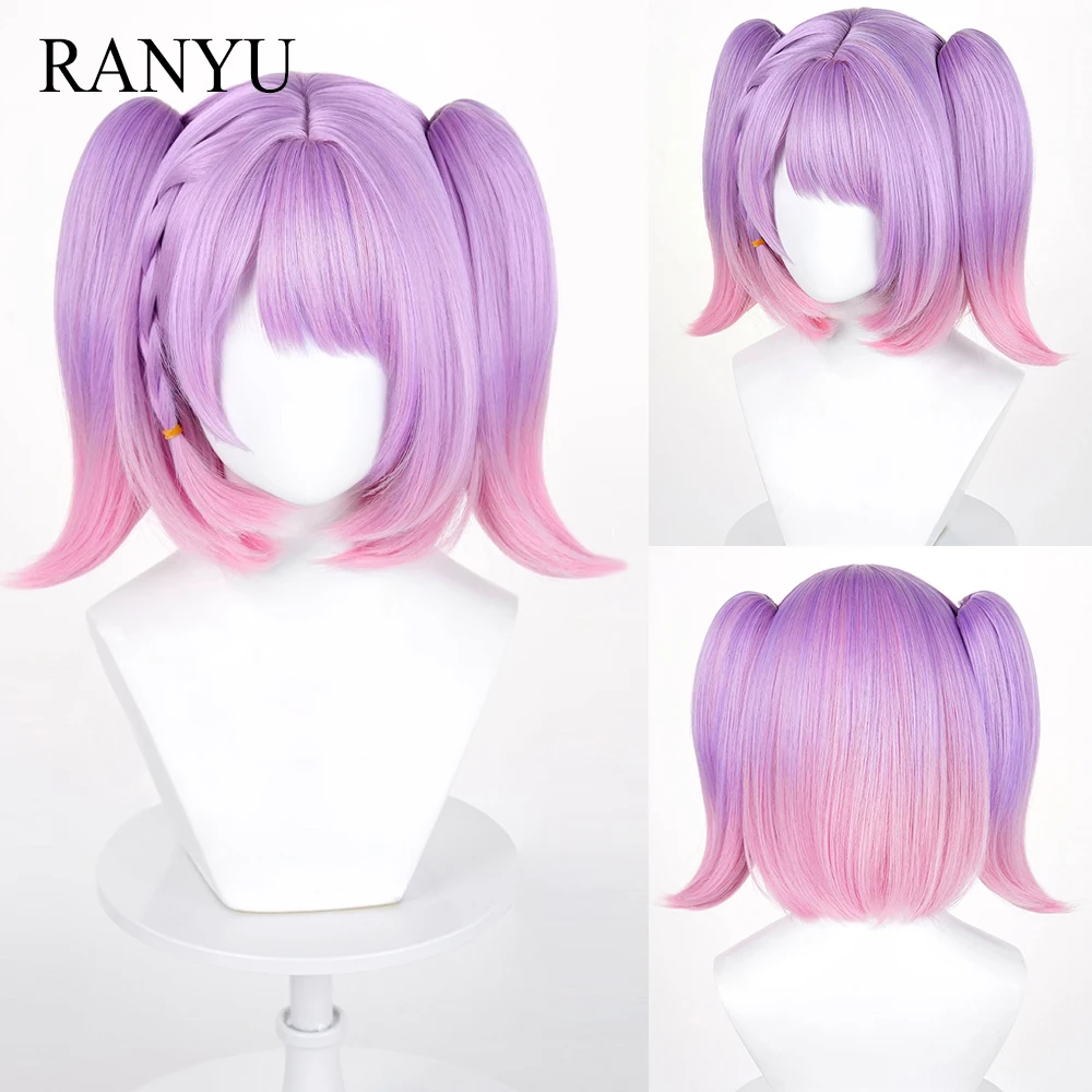 Purple Ombre Pink Short Straight Synthetic Double Ponytail Clip Wigs Anime Game Cosplay Fluffy Wig for Daily Party