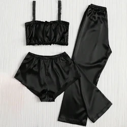 Black Color Pleated Satin Pajamas Set Including Camisole Shorts And Long Pants Silk Women Sexy Sleepwear Summer Lingerie Bra