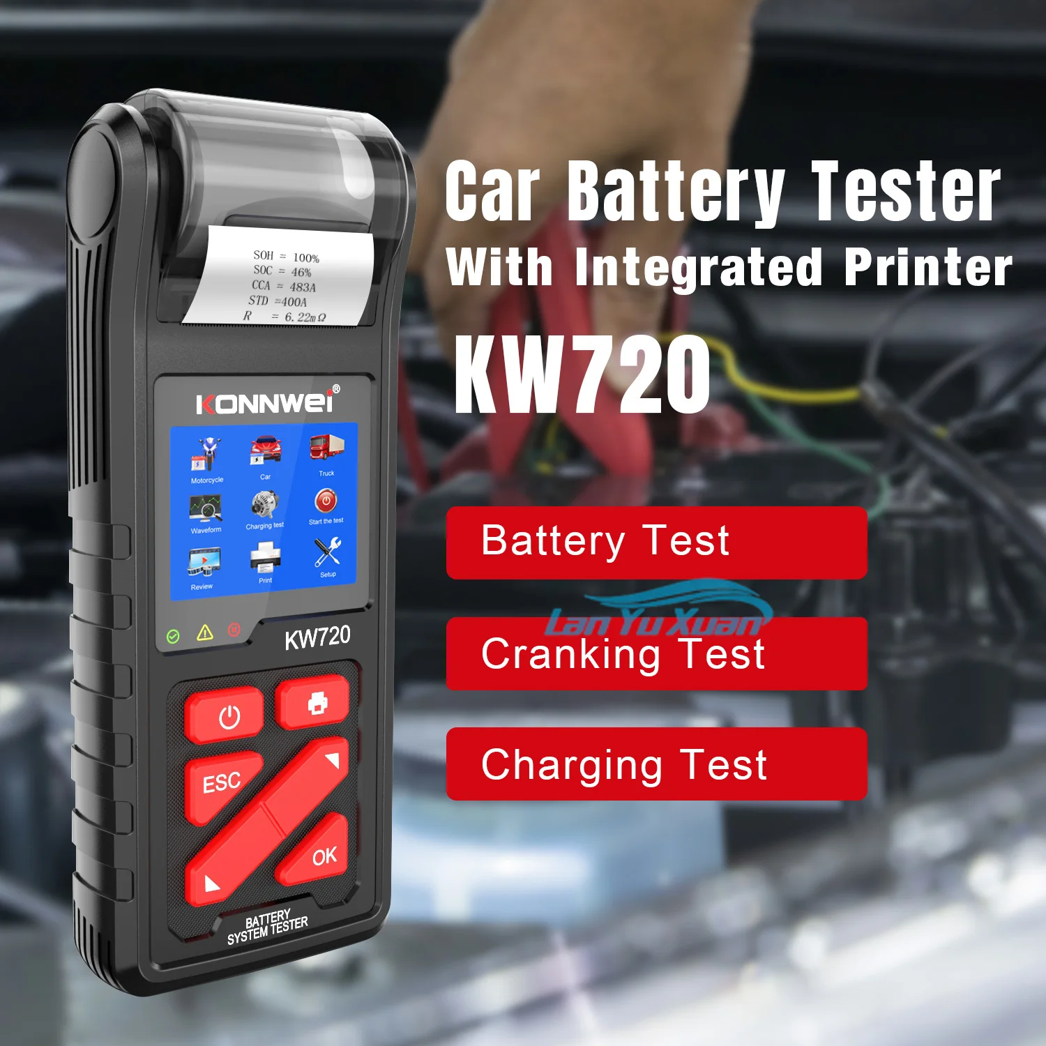 KONNWEI KW720 OBDII Battery Tester For 6V 12V 24V Motorcycle Car Truck Battery Tester with Built-in Printer Diagnostic Scanner