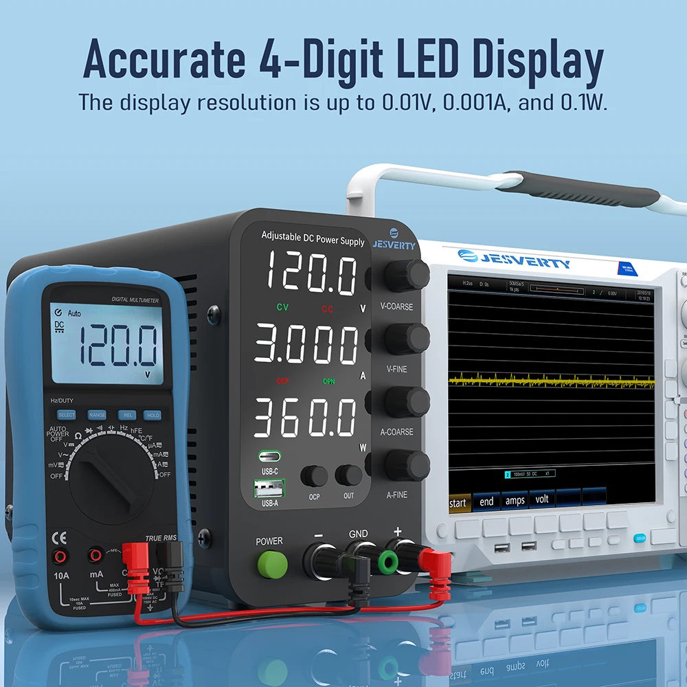 Jesverty 12003V DC Power Supply 0-120V 0-3A Variable Bench Power Supply with USB&Type-C Quick-Charge Single Output Switch
