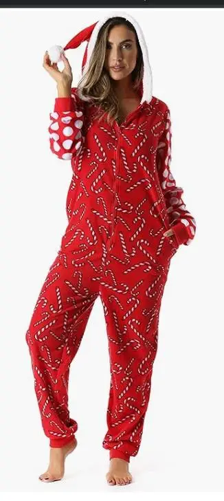 Women s Christmas Pajamas Romper Long Sleeve Zip Up Hooded Jumpsuit Sleepwear Holiday Costume