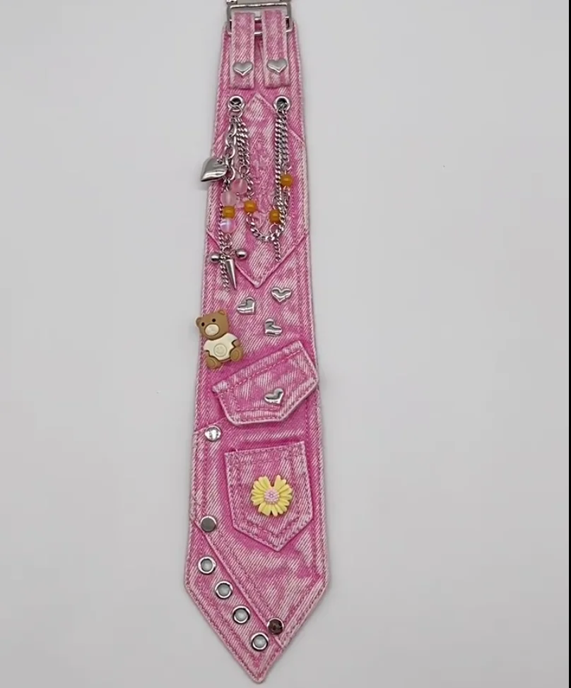 Uomo Donna Designer Rosa Denim Catena di metallo Punk Cravatte senza nodo per camicia Ragazzo Ragazze Performance Cravatta TB286