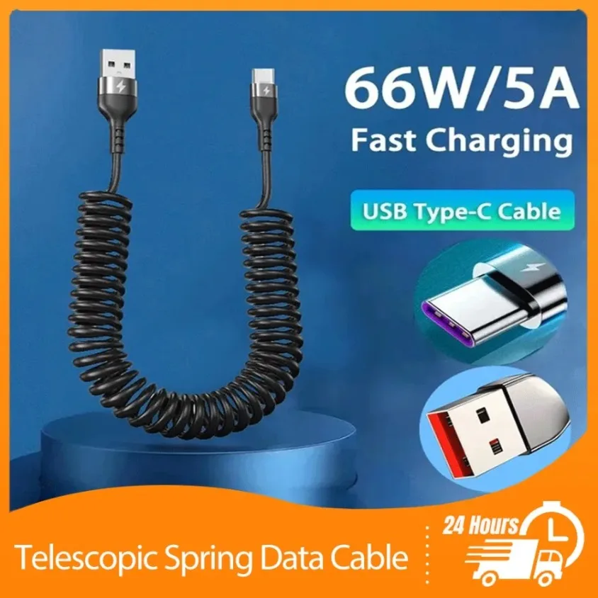 

66W Car 5A Fast Charging USB Type C Spring Telescopic Cable For iPhone 16 15 14 13 Samsung Huawei Xiaomi Redmi OnePlus 1m Charge
