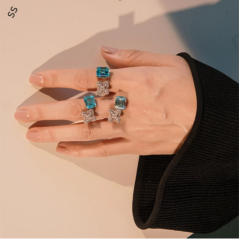 2024 Spring/Summer New Light Luxury Jewelry Geometric Sky Blue 5A Zircon Earrings 925 Sterling Silver Advanced Women Daily Wear