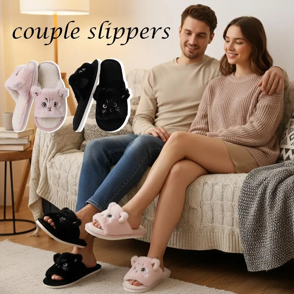 

Faux Fur Cat Home Slippers for Couple Winter 2026 Warm Plush Soft Sole House Shoes Woman Plus Size 36-45 Non Slip Indoor Slides