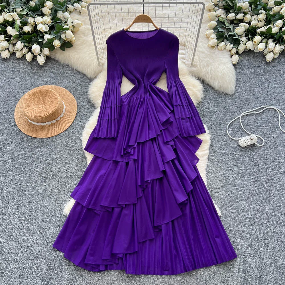 Women Long Dress Dresses A Line Vestidos Ruffles Irregular Party Night Streetwear Round Neck Full Sleeve Elegant Y2k Work