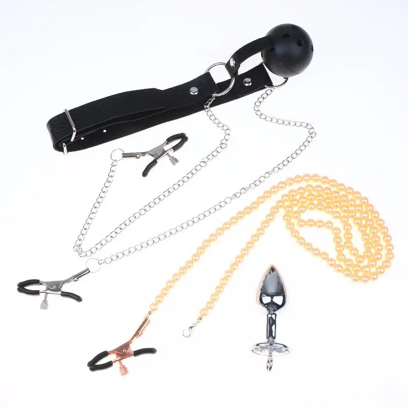 【AD】BDSM Anal Beads Butt Plug Mouth Gag Set Pearl Nipple Clamps With Chain Metal Breast Clip Bondage Slave For Women Sex Toy Kit view 5