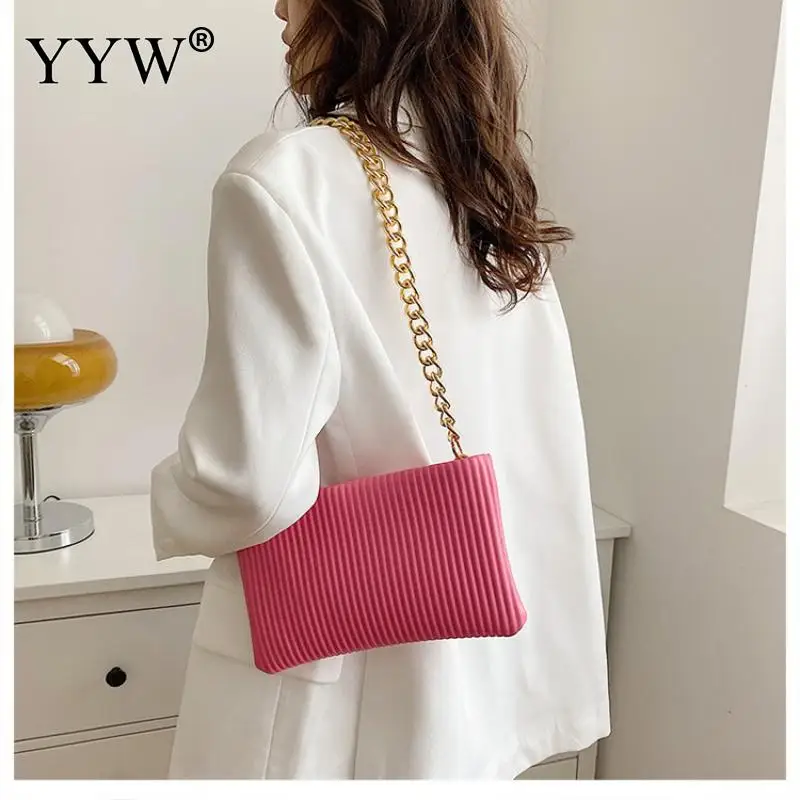 Fashion Soft PU Leather Female Handbag Bright Color Stripe Printing Zipper Single Shoulder Bag with Metal Chain Messenger Bag