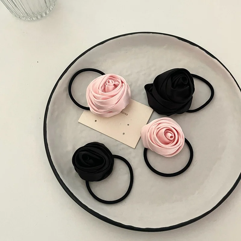 2023 Black Pink Satin Hair Tie Rope Women Fashion Rose Flower Hair Rubber Bands Scrunchies Fashion Elastic Hair Accessories