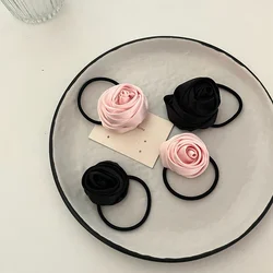 Corda de cetim para mulheres, scrunchies, acessórios elásticos para cabelo, flor de rosa, elásticos, preto e rosa, moda 2023